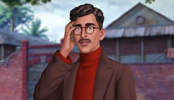 Detective games: A character image from June's Journey showing a dark-skinned man with wavy brown hair, glasses, and a moustache, holding his hand to his face. He is wearing a red turtleneck sweater with a brown jacket over the top.