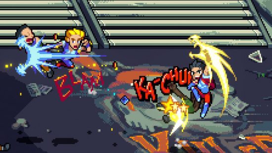 Screenshot for Double Dragon Gaiden: Rise of the Dragons review with the two main characters launching into special attacks