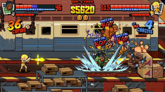 Screenshot for Double Dragon Gaiden: Rise of the Dragons review with the two alternative characters taking down enemies on a train