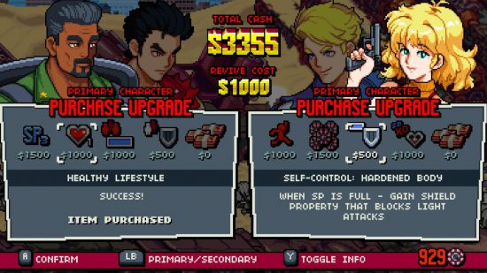 Screenshot for Double Dragon Gaiden: Rise of the Dragons review of the upgrade menu with all the different options