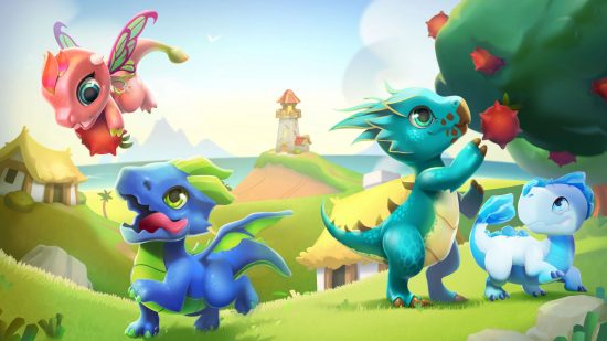 Key art of cute dragons from Dragon Mania Legends for list of the best dragon games on Switch and mobile