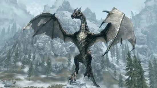 Screenshot of a massive Skyrim dragon in icy wastes for list of the best dragon games on Switch and mobile