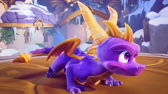 Screenshot of Spyro the dragon hunched over looking at something for list of the best dragon games on Switch and mobile