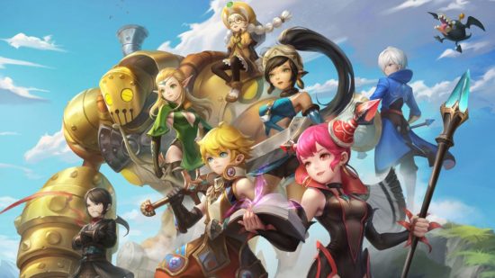 Key art of the different Dragon Nest Evolution 2 class characters with a big robot too