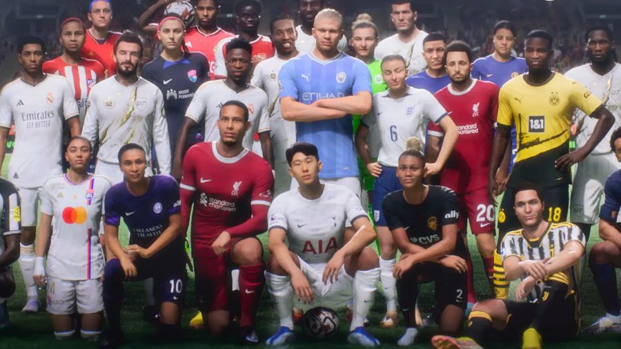 Hero image for EA Sports FC 24 with various soccer stars on screen