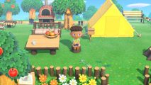 easy games Animal Crossing New Horizons: a villager sat on a stump outside a tent