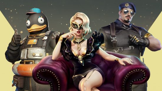 Farlight 84 codes: Three Farlight 84 characters, one a giant duck, one a woman with blonde hairl, and one a white man with a beret, all wearing black and gold outfits and posing. The woman is sat on a burgundy leather armchair.