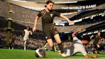 Screenshot of Sam Kerr taking ithe ball around a defender for FC 24 release date guide