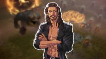 Games like Diablo: A character from Boyfriend Dungeon with tan skin, long brown hair, and a leather jacket worn over a bare chest, outlined in white and pasted on a blurred screenshot of Diablo IV