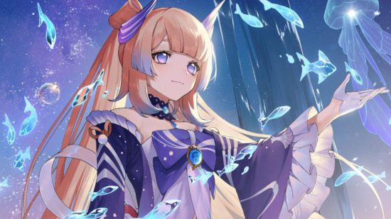 Genshin Impact banner: Kokomi smiling and holding out her hand to a floating fish
