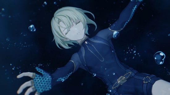 Genshin Impact's Freminet wearing his diving suit and sinking to the bottom of the ocean with his eyes closed