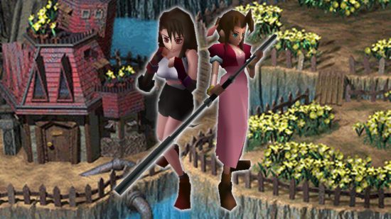 Girl games - Tifa and Aeris from Final Fantasy 7 against an image of a house in a flower field