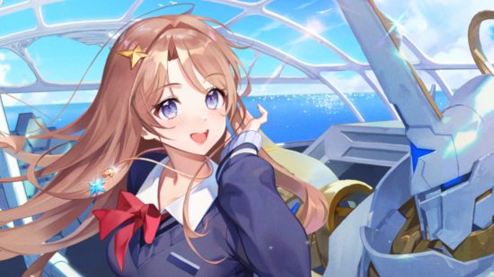 Grand Cross Age of Titans release date: Mio in her school uniform smiling next to a massive mecha. The blue sky andd sea can be seen behind her