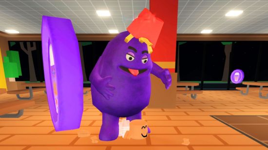 Grimace Shake codes header showing a large purple blob with arms and legs standing over a Lego-esque person lying on the ground in a room that looks like a gym changing room. The purple monster has cartoon eyes and pink tongue sticking out of a large mouth.