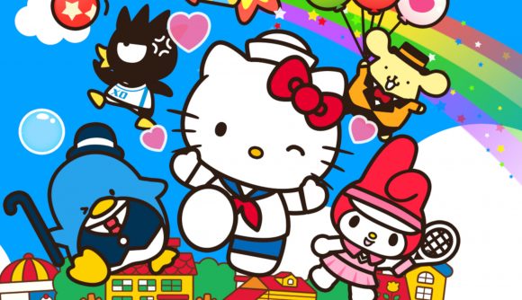 Hello Kitty Friends sixth anniversary: Hello Kitty in a sailor outfit surrounded by many of her friends including Tuxedosam, My Melody, Pompompurin, and Badtz-Maru on a royal blue background with a rainbow