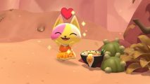 Hello Kitty Island Adventure review: A Yellow cat character with white and pink splotches wearing an orange dress posing next to a Gudetama ramen bowl while smiling and sparkling with a heart above their head