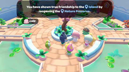 Hello Kitty Island Adventure review: A yellow cat character with a pink splotch standing with Keroppi the green frog, Badtz-Maru the black penguin, and Kiki and Lala, two humanoid characters with pink and blue hair, in a nature reserve
