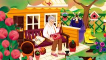 hidden object games Finding Hannah: an old woman eating chocolates in a busy garden scene