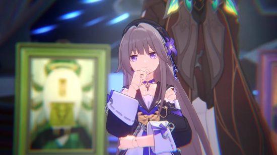 Honkai Star Rail's Herta standing in her office with her hand on her chin, smiling. Behind her you can see Screwllum and a green picture in an ornate frame.