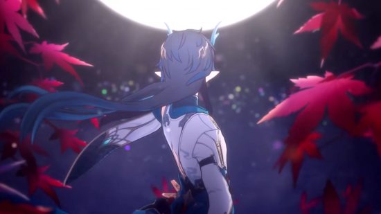 Honkai Star Rail's Imbibitor Lunae from behind, standing in front of the moon with Japanese maple leaves around him