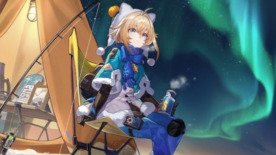 Honkai Star Rail Lynx sitting by a tent with a warm drink in her hand