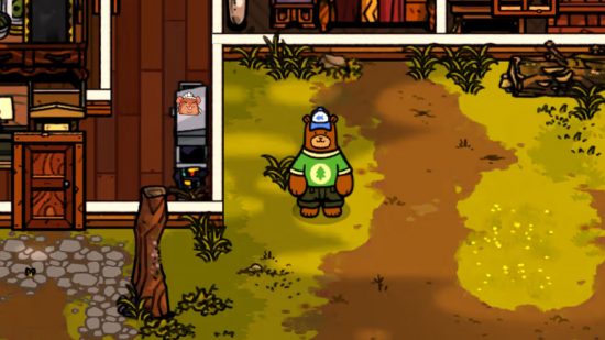 hotel games: a bear wearing human clothes in the forest