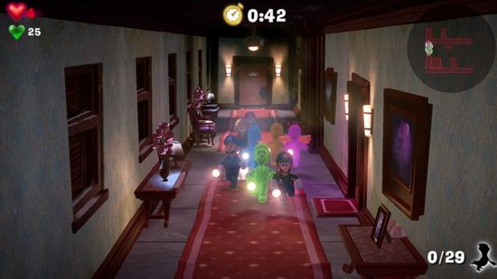 hotel games Luigis Mansion 3 - eight players running down a hotel hallway