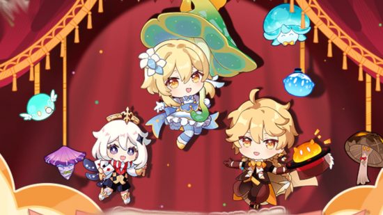 Hoyofest 2023: Official chibi art of Aether, Lumine, and Paimon from Genshin Impact wearing carnival/circus outfits and floating in front of a red velvet curtain, surrounded by fungi from Sumeru