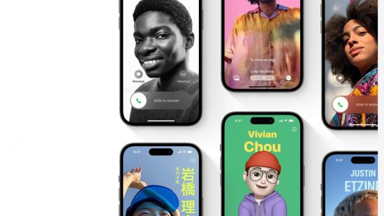 iOS 17 features header showing various iPhones in portrait mode with different people on the background of each, signifying their contact details in style.
