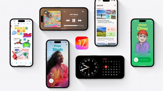 iOS 17 features header showing various iPhones around the number 17 in a red box.