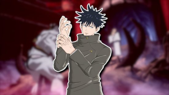 Jujutsu Kaisen Cursed Clash release date: A JJK character with black hair wearing a grey school uniform outlined in white and pasted on a blurred game screenshot