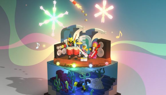 Lego Bricktales DLC: Key art from the Summer DLC showing aspects of the summer biome including fireworks, a band on stage, and under the sea