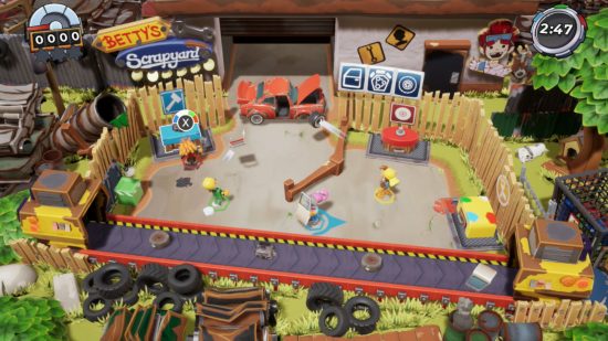 Screenshot of four players taking on the first level in Betty's Scrapyard for Manic Mechanics review