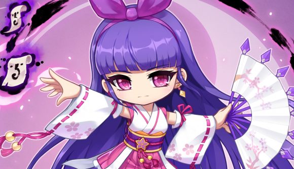 MapleStory M fifth anniversary: A close-up of Kanna's official chibi art, showing her wielding her fan and summoning sigils on a purple swirling background that matches her long hair. She is wearing a pinkish-red shrine maiden uniform.