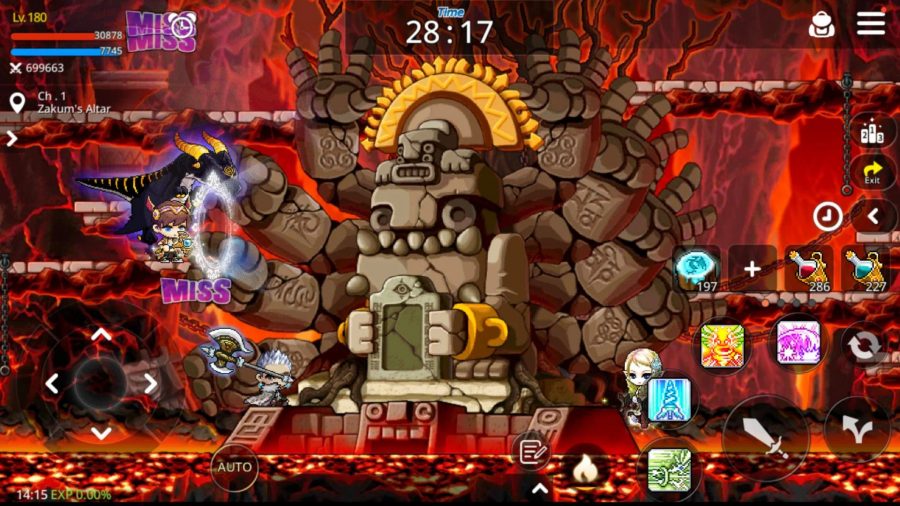 MapleStory M hero image: A screenshot from the game showing pixel characters fighting a large stone monster
