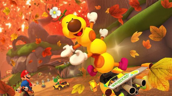 Mario Kart tracks: Wiggler races around an autumnal Mario Kart track