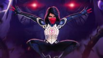 Screenshot of Marvel Contest of Champions' Silk with Kindred's eyes behind her