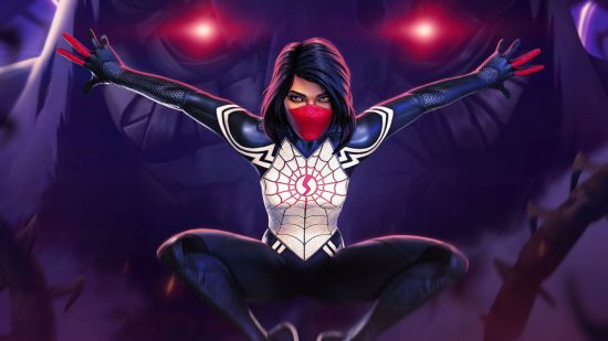 Screenshot of Marvel Contest of Champions' Silk with Kindred's eyes behind her