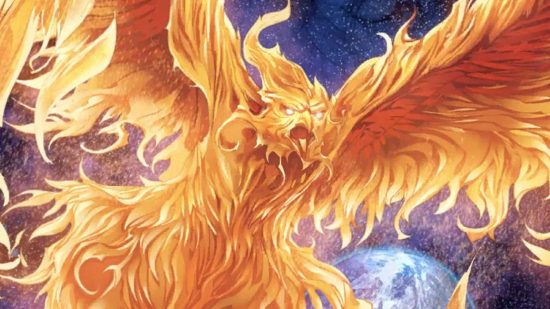 Screenshot of the Marvel Snap Phoenix Force card art with the winged beast flying with fire surrounding it