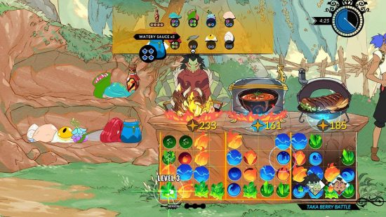 Match 3 games: a samurai cooks while playing a match 3 puzzle game