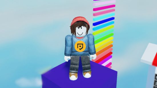 Math Answer or Die codes: A brown-haired Roblox avatar standing atop a blue pillar with a rainbow colored stack of lines in the background wearing a shirt with the Pocket Tactics logo on it