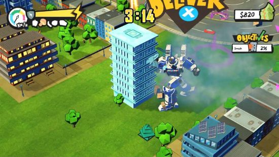 Mech games: a robot is attacking a large blue building while trying to deliver pizza