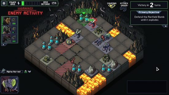 Mech games: an isometric view shows robots attacking bugs