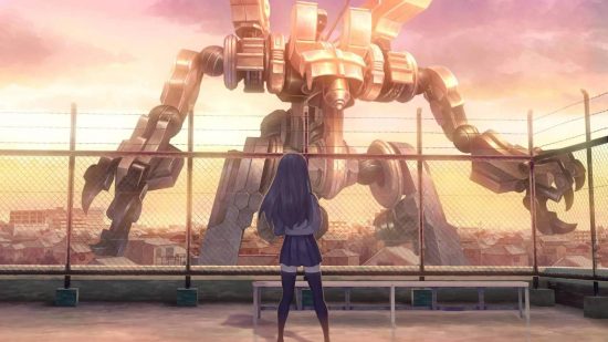 Mech games: a student with blue ahri stands on a roof looking at a giant robot