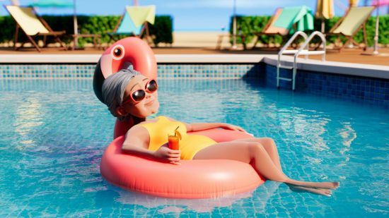 The Merge Mansion grandma lying in a pink flamingo pool ring in a pool. She has sunglasses on, a thing around her head, and a yellow swimsuit. She is holding a cocktail.