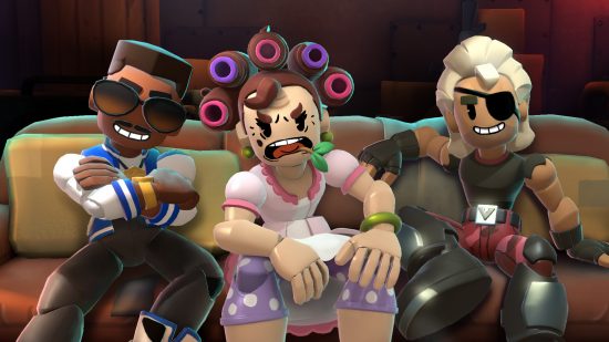 Mighty Action Heroes beta: Three MAH characters sat on a couch. On the left is a black character wearing aviators and smiling, in the middle is a white character with a displeased face and hair in rollers, and on the right is a tanned character with a white haircut and an eyepatch smiling.