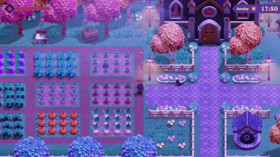 Moonlight Peaks release date: a young vampire bat walks around a purple-colored farm