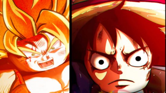 Multiverse Defenders codes: key art for the Roblox game Mutiverse Defenders shows Roblox avatar versions of Goku and Luffy looking angry