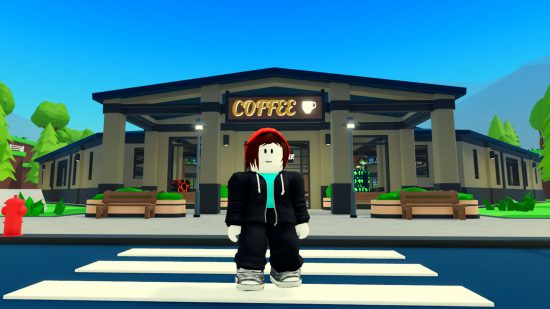 My Coffee Shop codes - a Roblox player standing outside a coffee shop