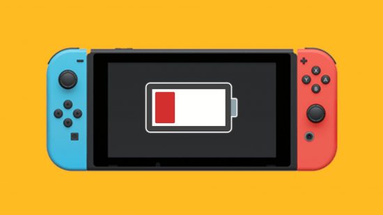 Nintendo Switch battery: A Nintendo Switch with a low battery symbol on it pasted on a mango-colored background